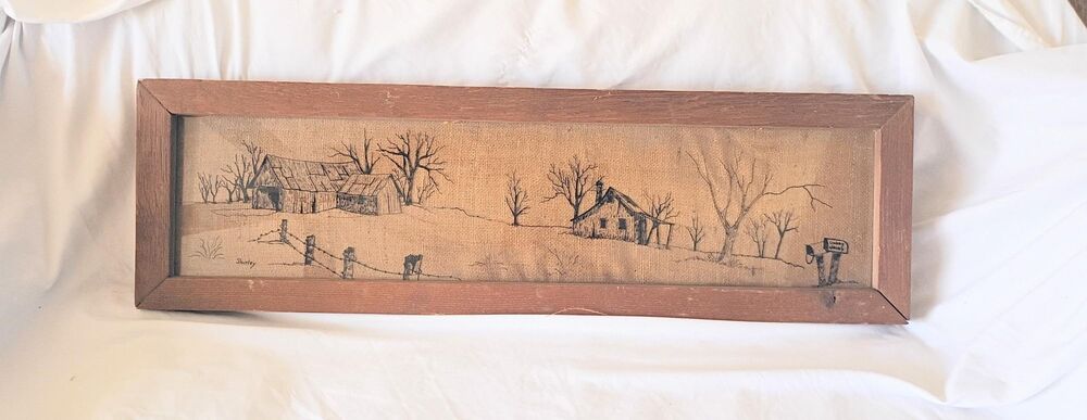 Rustic Framed Burlap Drawing Cabin Farm